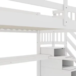 Lit Haut 140x200cm, Rangement, Bureau, Échelle, Sans Matelas, Blanc