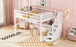 Lit Haut 140x200cm, Rangement, Bureau, Échelle, Sans Matelas, Blanc