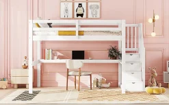 Lit Haut 140x200cm, Rangement, Bureau, Échelle, Sans Matelas, Blanc