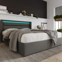 Lit Hydraulique 140X200Cm Led Sommier Gris Blackcolors