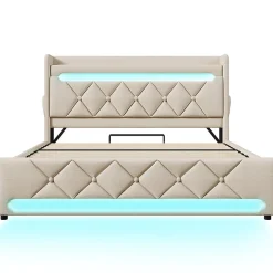 Lit hydraulique 140x200cm, lit double, espace de rangement en tête de lit avec port usb et type c, lin, beige, avec matelas