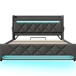 Lit hydraulique 140x200cm, lit double, espace de rangement en tête de lit avec port usb et type c, lin, gris, avec matelas