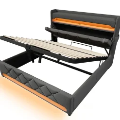 Lit hydraulique 140x200cm, lit double, espace de rangement en tête de lit avec port usb et type c, lin, gris, avec matelas