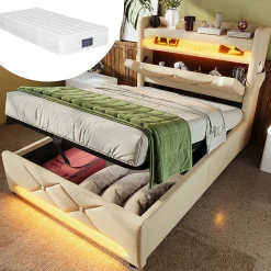 Lit hydraulique 90x200cm, Single, espace de rangement en tête de lit avec port usb et type c, lin, beige, avec matelas