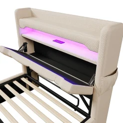 Lit hydraulique 90x200cm, Single, espace de rangement en tête de lit avec port usb et type c, lin, beige, avec matelas