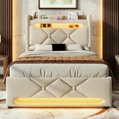 Lit hydraulique 90x200cm, Single, espace de rangement en tête de lit avec port usb et type c, lin, beige, avec matelas