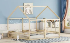 Lit individuel 90x200cm, modèle maison, Naturel