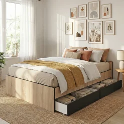 Lit KAPPA 140x190 cm + 2 tiroirs / Décor chêne Blanchi et Noir