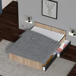 Lit KAPPA 140x190 cm + 2 tiroirs / Décor chêne Blanchi et Noir