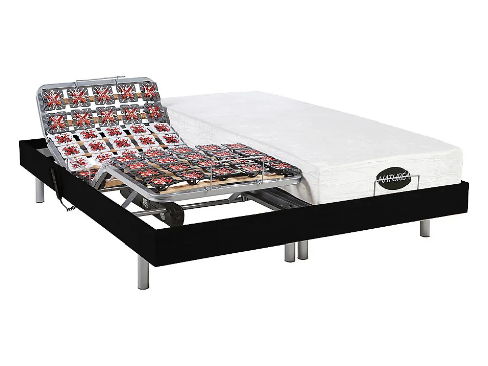 Lit électrique de relaxation tout plots + matelas mémoire de forme et bambou - 2 x 80 x 200 cm - Noir - LYSIS III de NATUREA