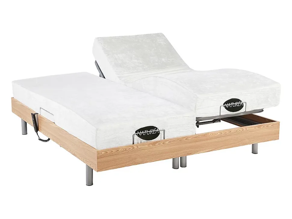 Lit électrique de relaxation tout plots + matelas mémoire de forme et bambou - 2 x 90 x 200 cm - Chêne - LYSIS III de NATUREA