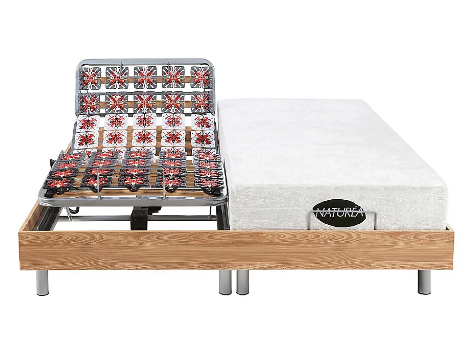 Lit électrique de relaxation tout plots + matelas mémoire de forme et bambou - 2 x 90 x 200 cm - Chêne - LYSIS III de NATUREA