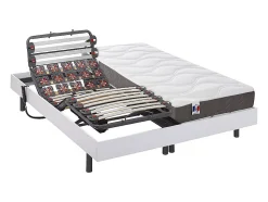 Lit électrique de relaxation lattes et plots + matelas 100% latex 3 zones - 2 x 80 x 200 cm - Blanc - MENELAS de YSMÉE
