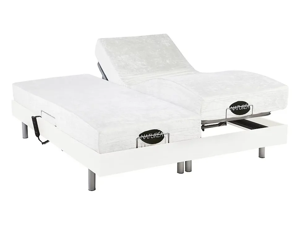 Lit électrique de relaxation tout plots + matelas mémoire de forme et bambou - 2 x 80 x 200 cm - Blanc - LYSIS III de NATUREA