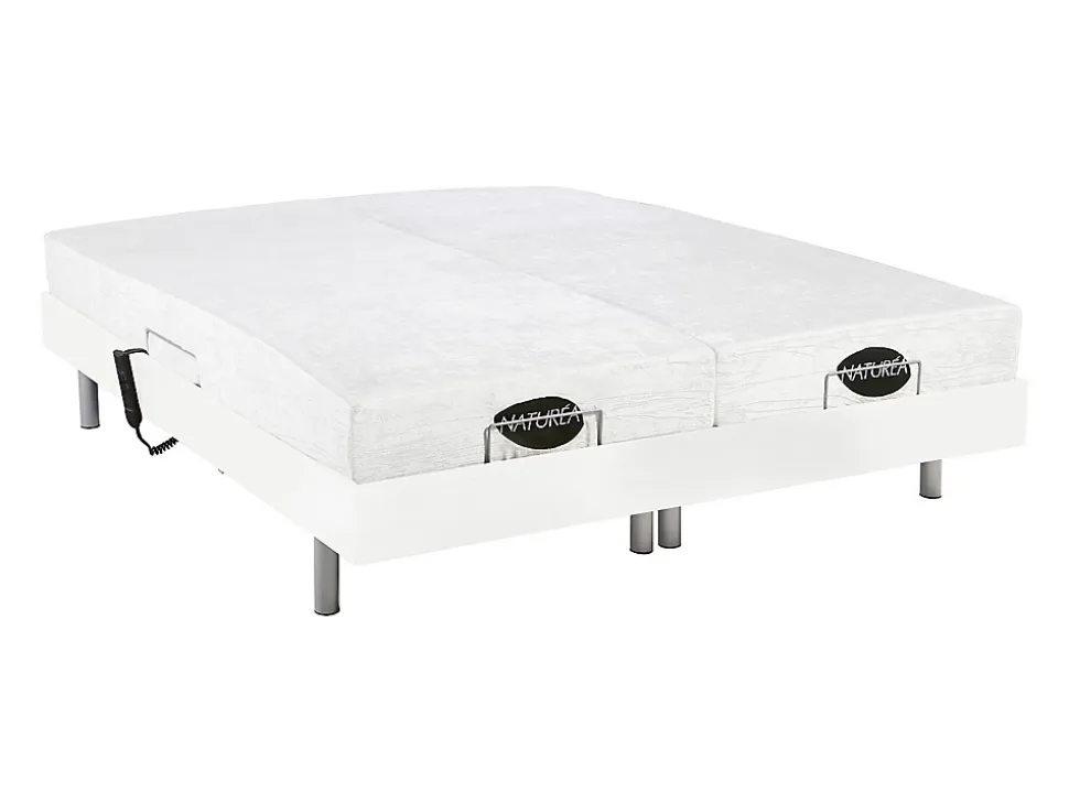 Lit électrique de relaxation tout plots + matelas mémoire de forme et bambou - 2 x 80 x 200 cm - Blanc - LYSIS III de NATUREA