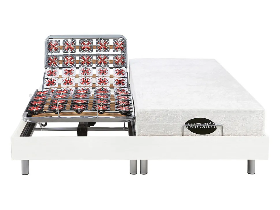 Lit électrique de relaxation tout plots + matelas mémoire de forme et bambou - 2 x 80 x 200 cm - Blanc - LYSIS III de NATUREA