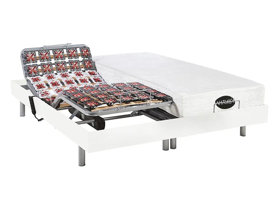 Lit électrique de relaxation tout plots + matelas mémoire de forme et bambou - 2 x 70 x 190 cm - Blanc - LYSIS III de NATUREA
