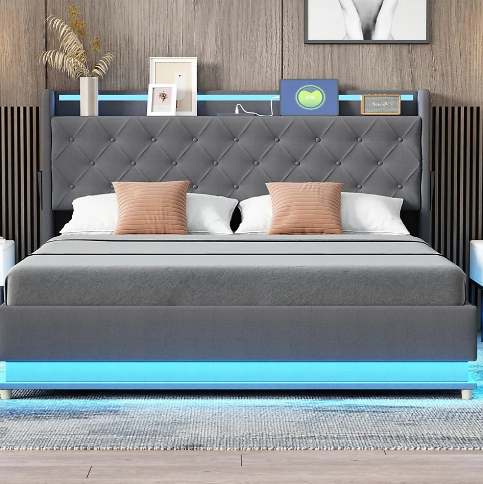 Lit LED 160 par 200 cm avec port USB et rangement hydraulique tissu lin gris doux et respirant idéal pour adultes