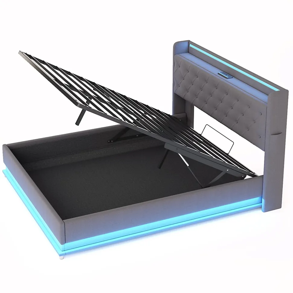 Lit LED 160 par 200 cm avec port USB et rangement hydraulique tissu lin gris doux et respirant idéal pour adultes