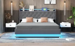 Lit LED 160 par 200 cm avec port USB et rangement hydraulique tissu lin gris doux et respirant idéal pour adultes