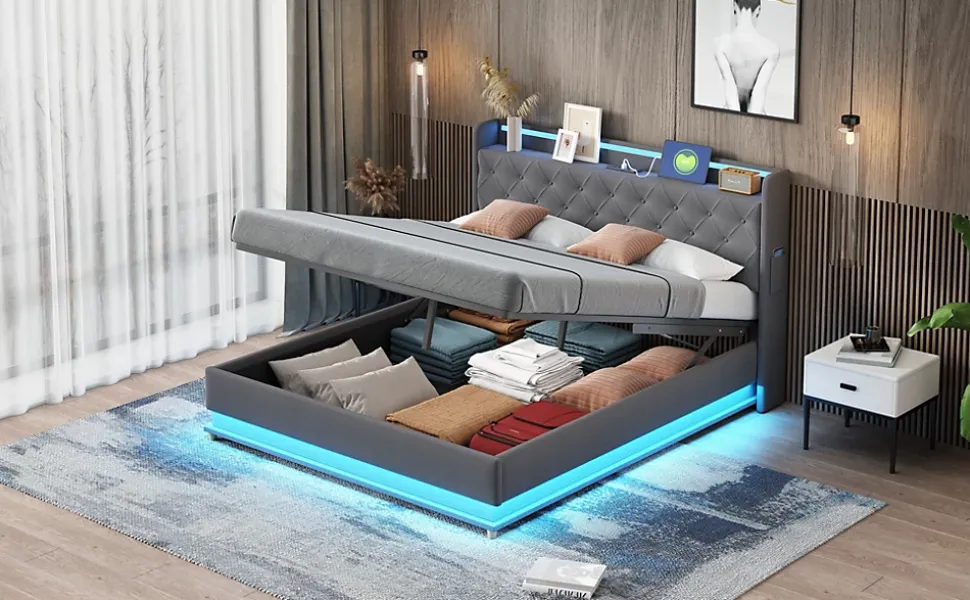 Lit LED 160 par 200 cm avec port USB et rangement hydraulique tissu lin gris doux et respirant idéal pour adultes