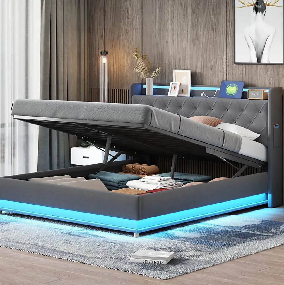 Lit LED 160 par 200 cm avec port USB et rangement hydraulique tissu lin gris doux et respirant idéal pour adultes