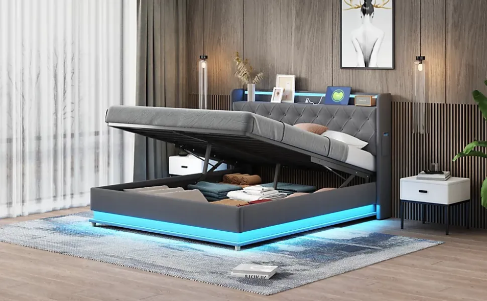 Lit LED 160 par 200 cm avec port USB et rangement hydraulique tissu lin gris doux et respirant idéal pour adultes