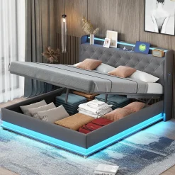 Lit LED 160 par 200 cm avec port USB et rangement hydraulique tissu lin gris doux et respirant idéal pour adultes