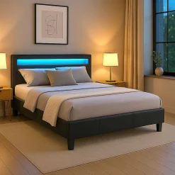 Lit LED double PINOT 140x190 cm, avec sommier, revêtement synthétique noir