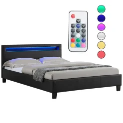 Lit LED double PINOT 140x190 cm, avec sommier, revêtement synthétique noir