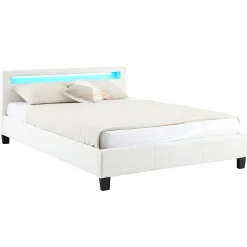 Lit LED double PINOT 140x190 cm, avec sommier, revêtement synthétique blanc