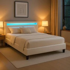 Lit LED double PINOT 140x190 cm, avec sommier, revêtement synthétique blanc