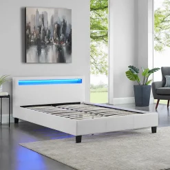 Lit LED double PINOT 140x190 cm, avec sommier, revêtement synthétique blanc