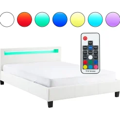 Lit LED double PINOT 140x190 cm, avec sommier, revêtement synthétique blanc