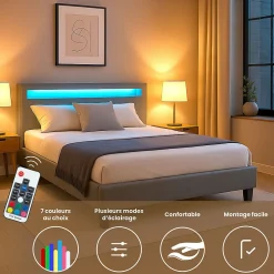 Lit LED double PINOT 140x190 cm, avec sommier, revêtement synthétique gris