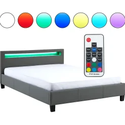 Lit LED double PINOT 140x190 cm, avec sommier, revêtement synthétique gris