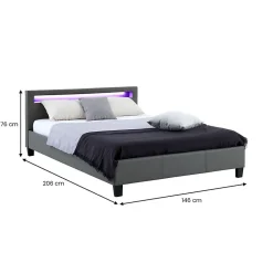 Lit LED double PINOT 140x190 cm, avec sommier, revêtement synthétique gris