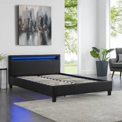 Lit LED double RIOJA 140x190 cm, avec sommier, revêtement tissu noir