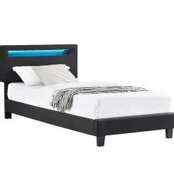 Lit LED simple AUSTIN 90x190 cm, avec sommier, revêtement en tissu noir
