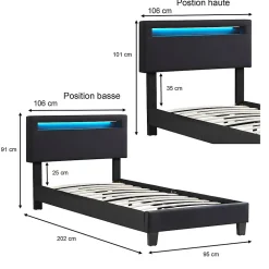 Lit LED simple AUSTIN 90x190 cm, avec sommier, revêtement en tissu noir
