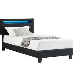 Lit LED simple EVAN 90x190 cm, avec sommier, revêtement en synthétique noir