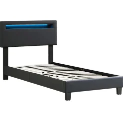 Lit LED simple EVAN 90x190 cm, avec sommier, revêtement en synthétique noir