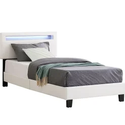 Lit LED simple EVAN 90x190 cm, avec sommier, revêtement en synthétique blanc