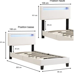 Lit LED simple EVAN 90x190 cm, avec sommier, revêtement en synthétique blanc