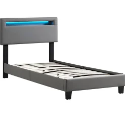 Lit LED simple EVAN 90x190 cm, avec sommier, revêtement en synthétique gris