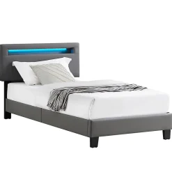 Lit LED simple EVAN 90x190 cm, avec sommier, revêtement en synthétique gris