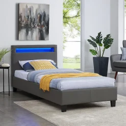 Lit LED simple LUCENO 90x190 cm, avec sommier, revêtement synthétique gris