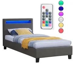 Lit LED simple LUCENO 90x190 cm, avec sommier, revêtement synthétique gris