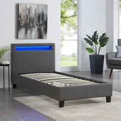 Lit LED simple LUCENO 90x190 cm, avec sommier, revêtement synthétique gris