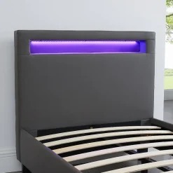 Lit LED simple LUCENO 90x190 cm, avec sommier, revêtement synthétique gris